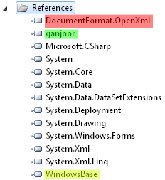 ارجاعهای لازم برای دستیابی به کتابخانهٔ OpenXML شامل DocumentFormat.OpenXml و WindowsBase است